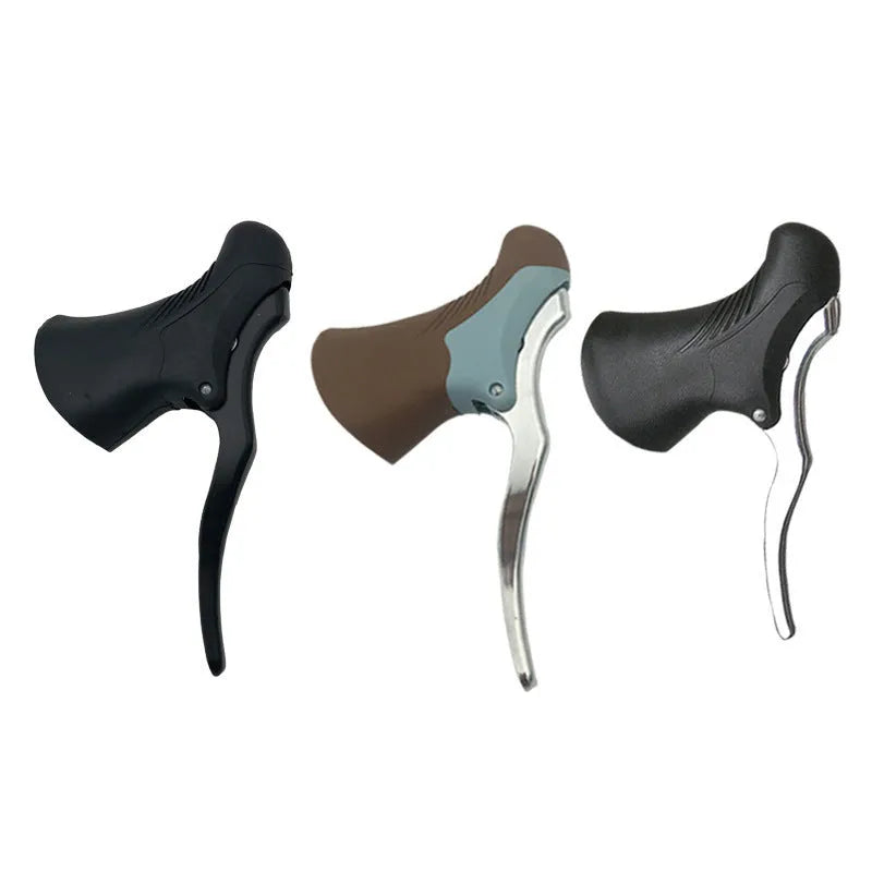Pair of aluminium road bicycle brake levers in black and black silver finishes