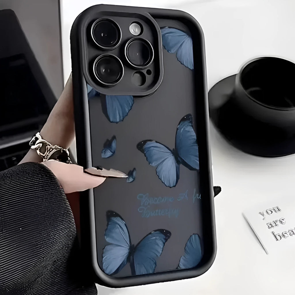 Blue butterfly printed edge drop-resistant TPU phone case for Apple iPhone in black