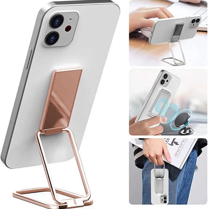 Foldable zinc alloy mobile phone stand with retractable ring bracket in silver colour