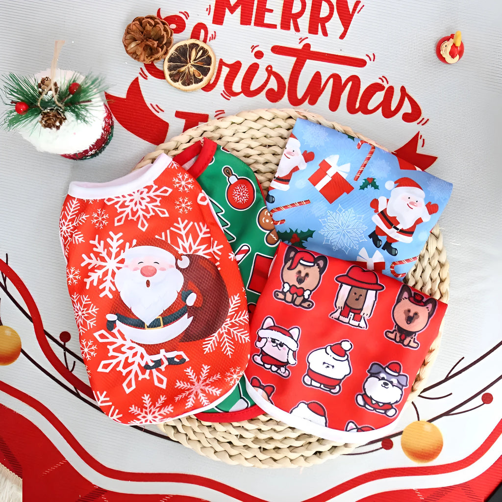 Christmas pet vest for small dogs and cats, non shedding polyester, short style, available in sizes XS to XXL with Santa and tree prints