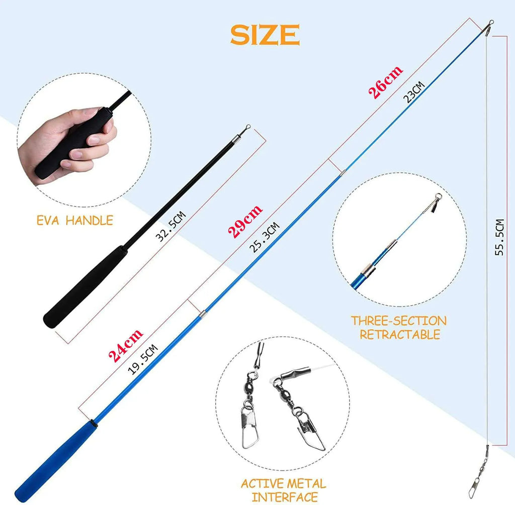 Cat fishing rod set with feather teaser attachments and ten replacement heads