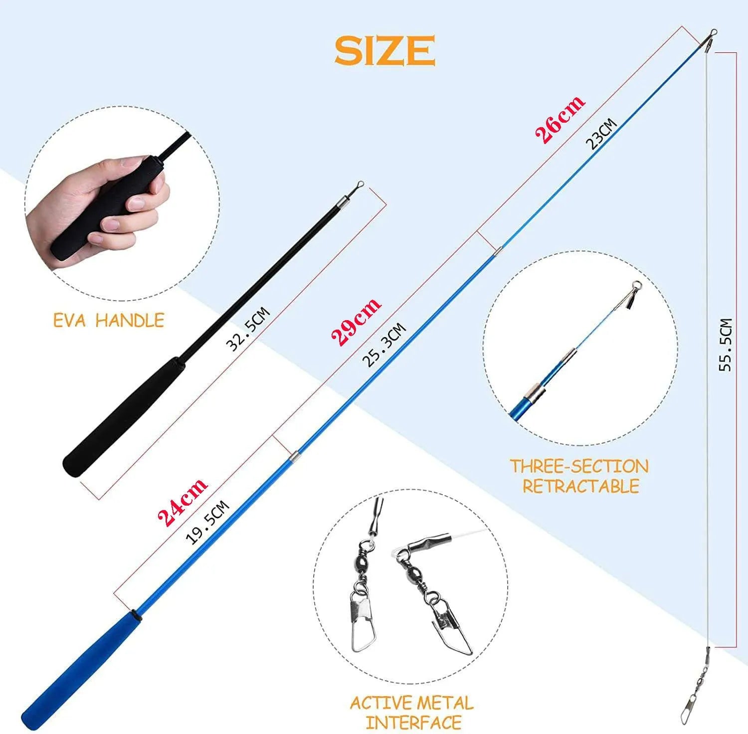 Cat fishing rod set with feather teaser attachments and ten replacement heads