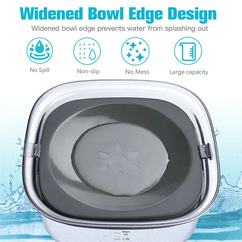 Transparent large 2-litre dog water bowl with floating slow drink disc on a non-slip base.