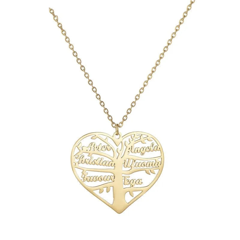 Silver personalised name necklace with hollow heart and tree pendant on a 50cm chain.