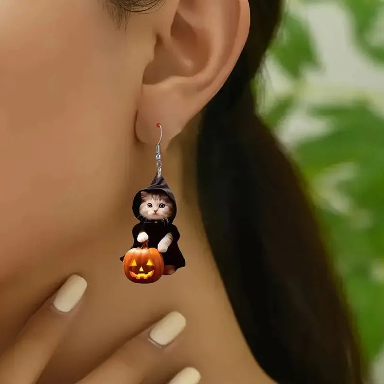 Handmade acrylic cat earrings in a flat creative Christmas style for women, one pair
