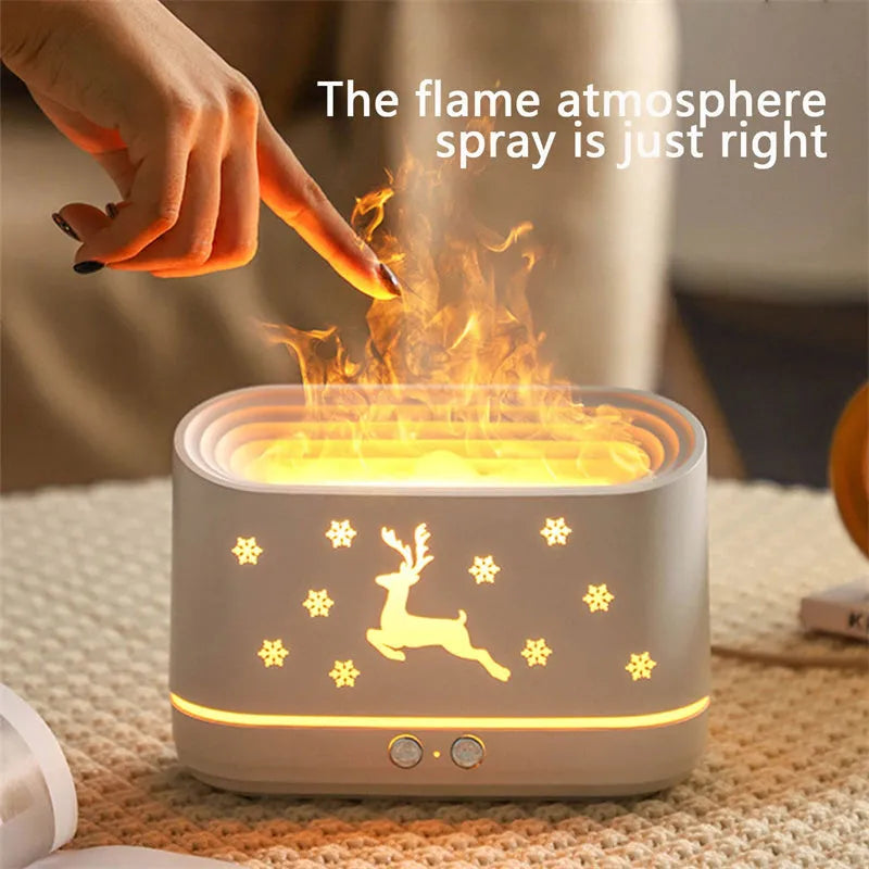 White round Elk flame effect humidifier diffuser with mist and LED light on a surface.