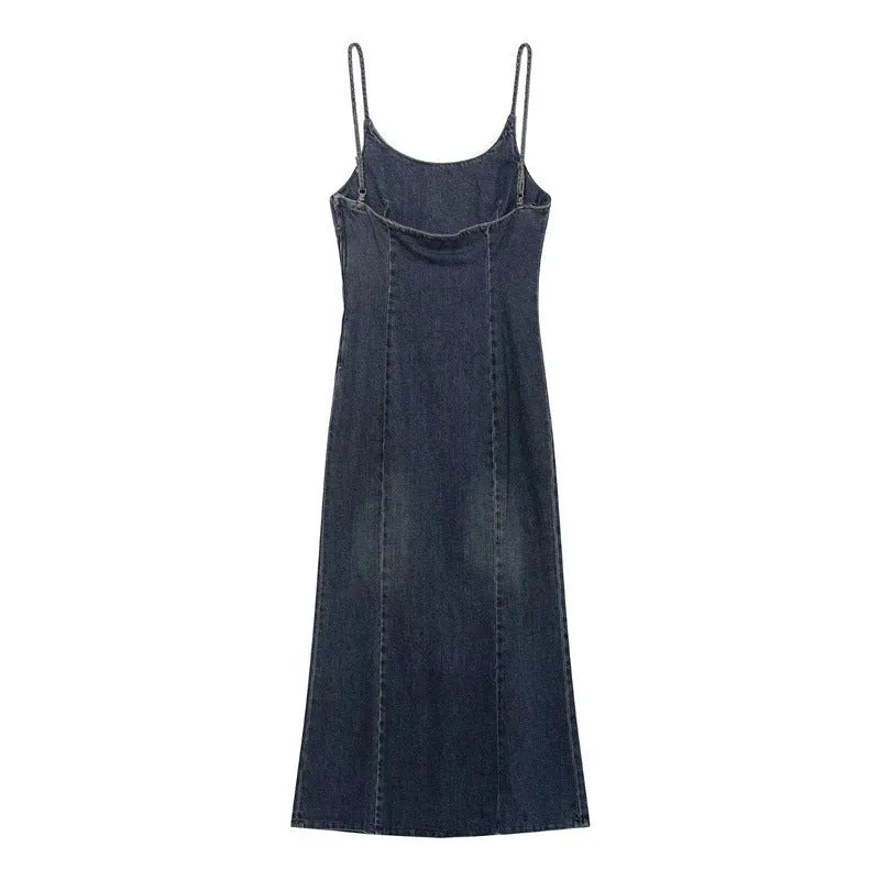 Women's blue wash-effect denim dress with hooded design, pleated short skirt, and asymmetrical hem