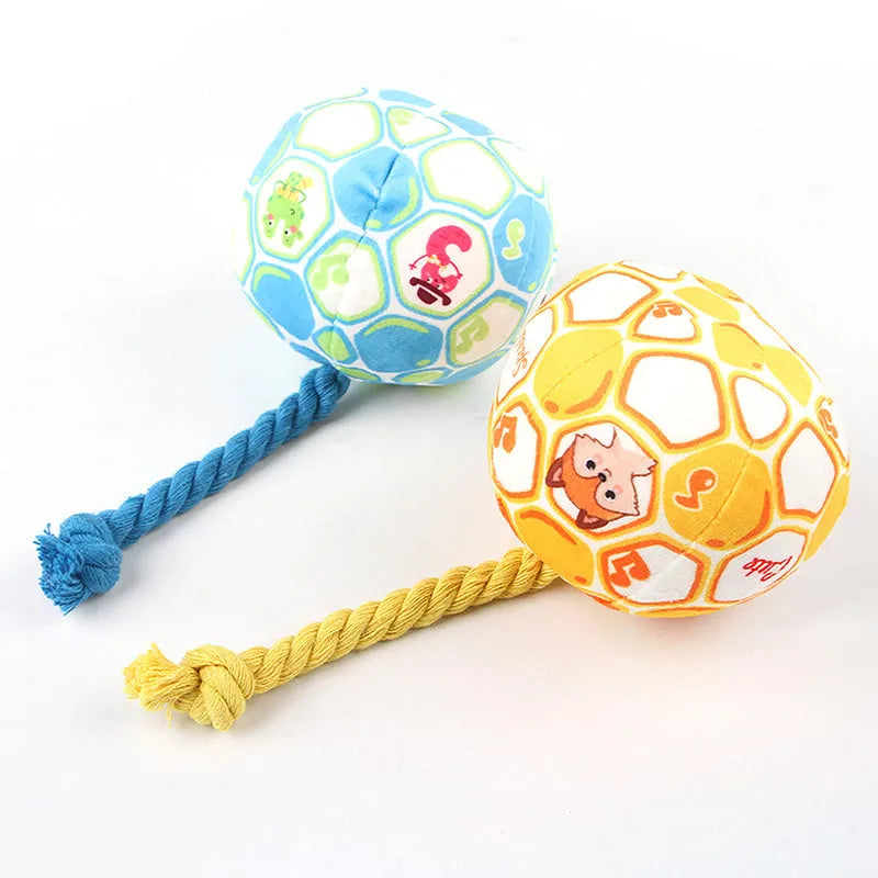 Blue and yellow cartoon elastic football dog toy made from plush cotton rope.