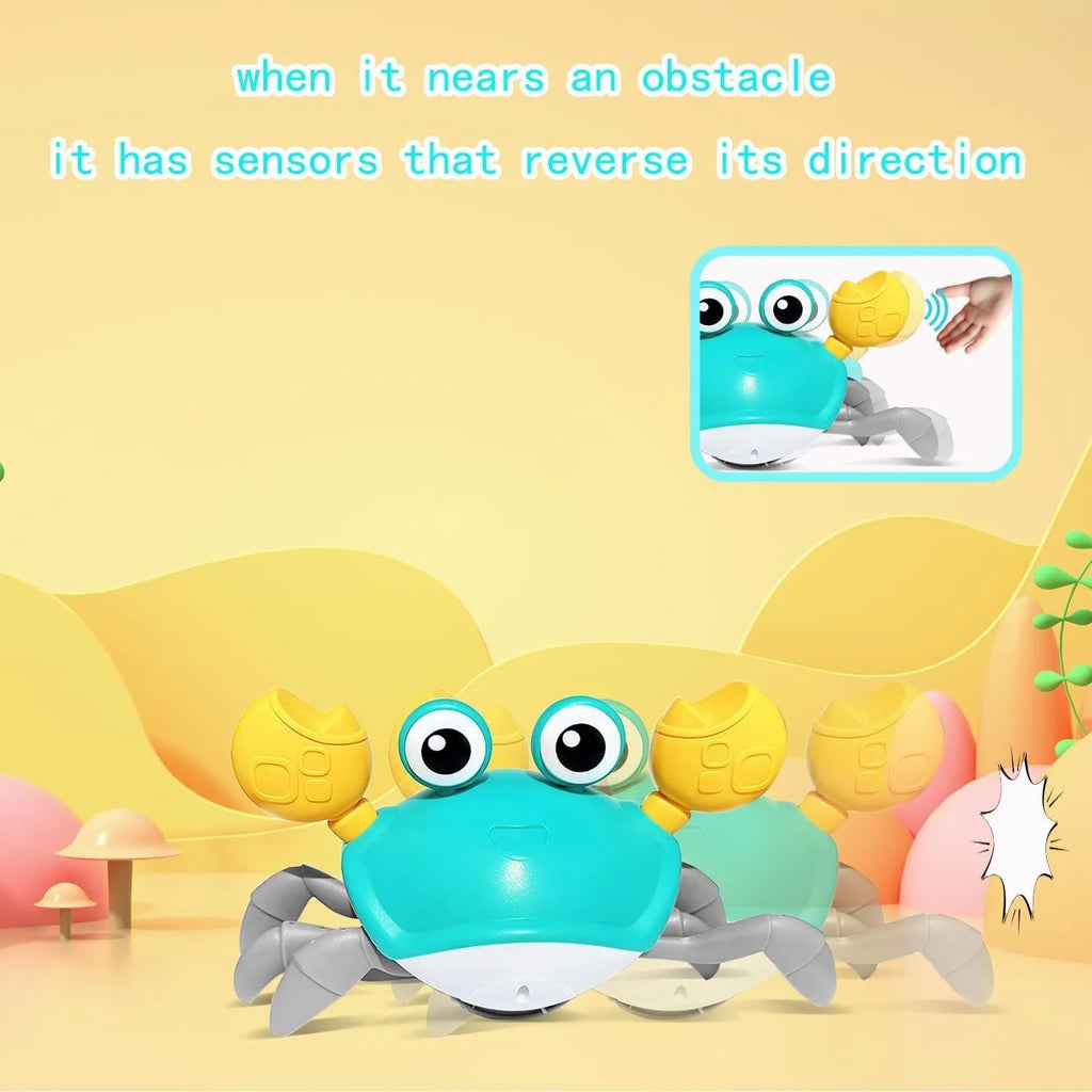 Blue electronic crab dog toy moving on floor with obstacle avoidance sensors and lights