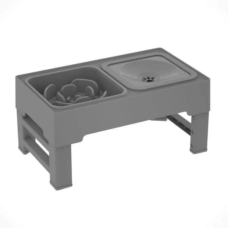 Adjustable height pet feeding stand with stainless steel bowls in black or grey colour options