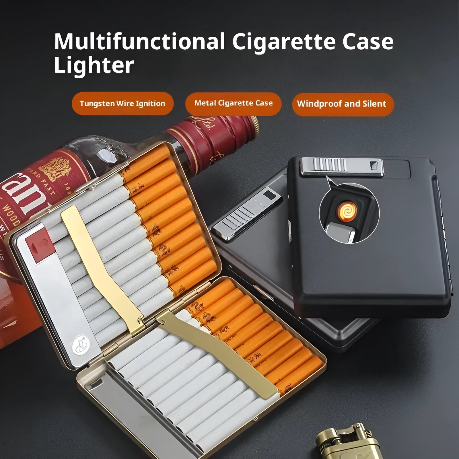 Classic flip charging cigarette case and lighter in metal, available in black gold and gray