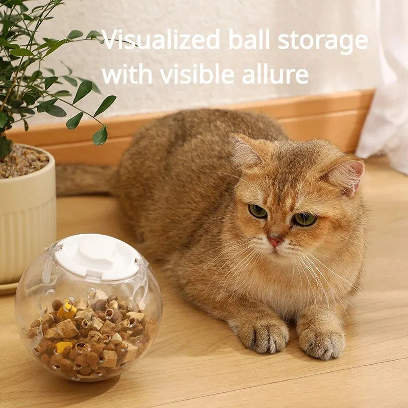 Blue pet slow feeder ball toy with food leakage holes on white background showing 11.5cm diameter