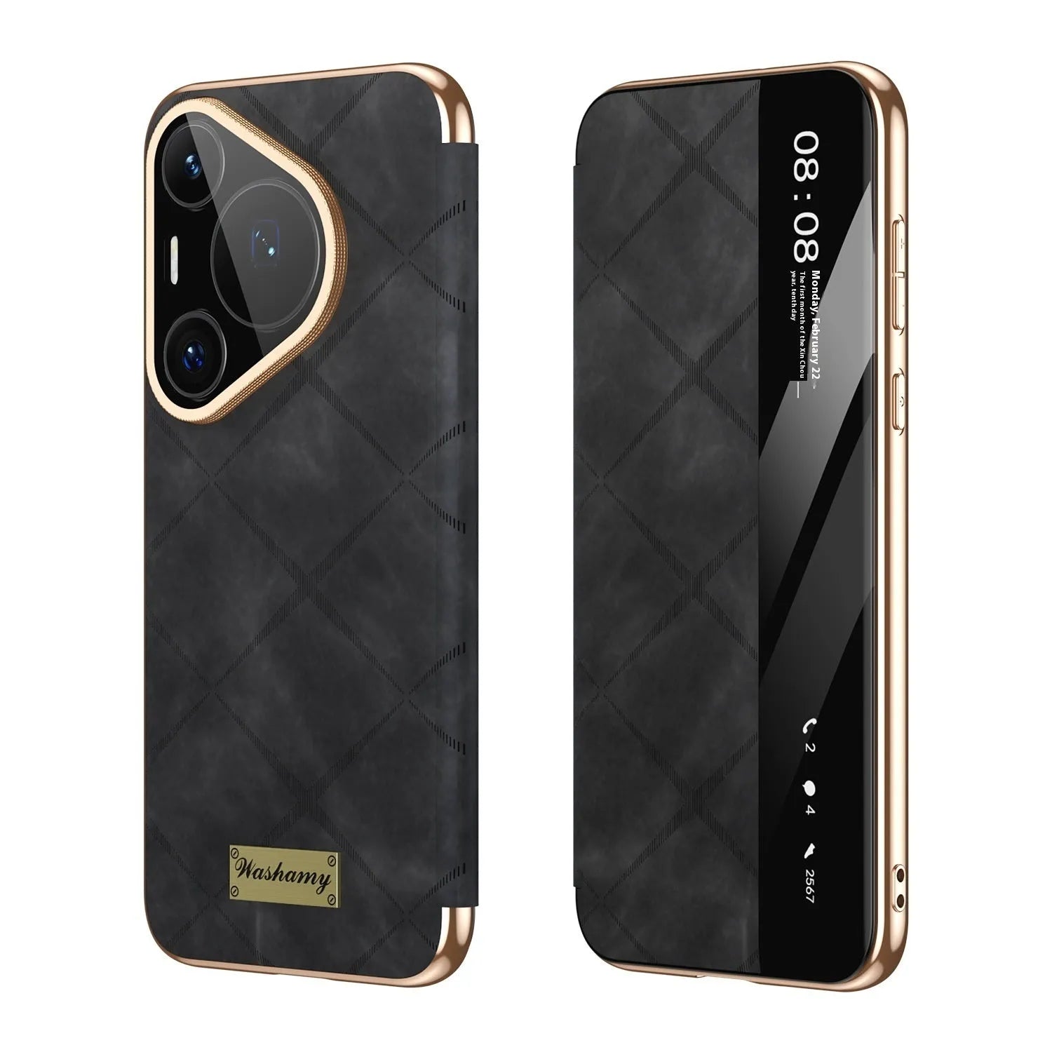 Huawei electroplated diamond grid anti-fingerprint phone case in imitation leather.