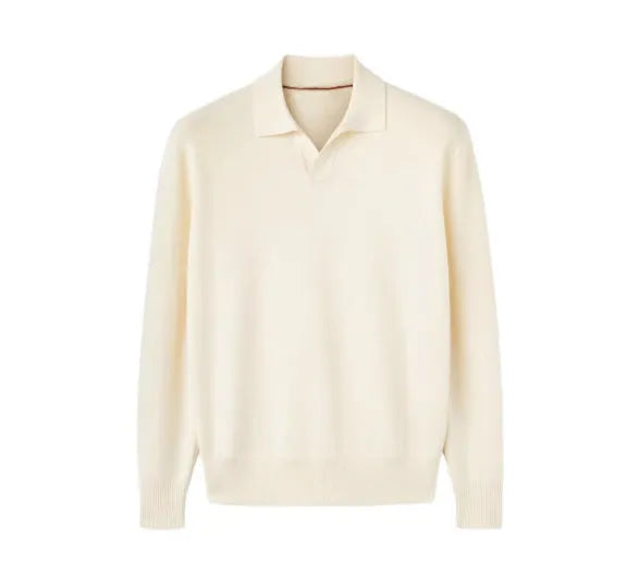 Milky White pure wool polo sweater with a lapel collar, shown in a loose fit.