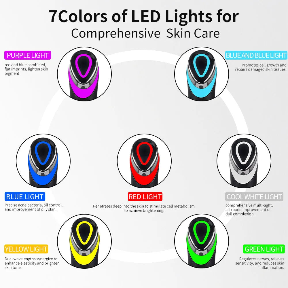 Black 7 colour light vibration face eye massager with red and blue light therapy.