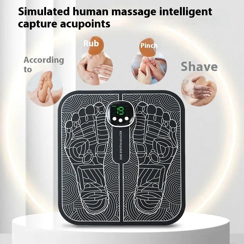 Blue rechargeable reflexology foot massager mat with remote control on a wooden floor.