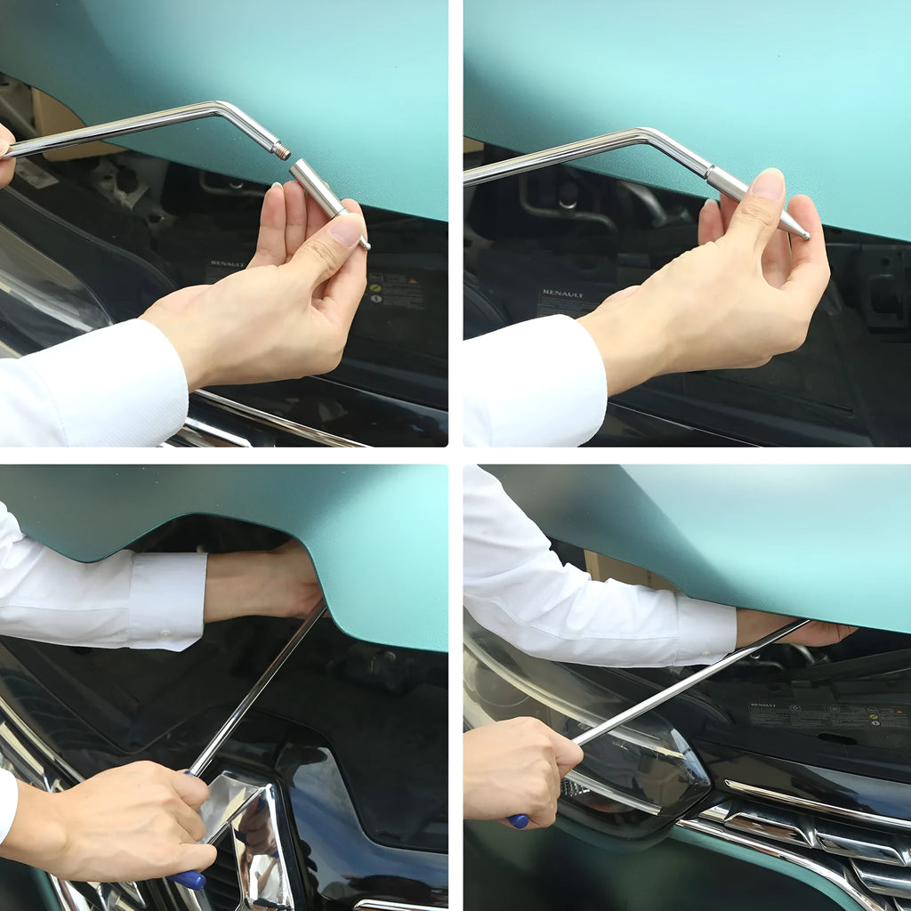 Three-piece alloy steel car dent repair tool set with hooks and crowbars on a workshop surface.