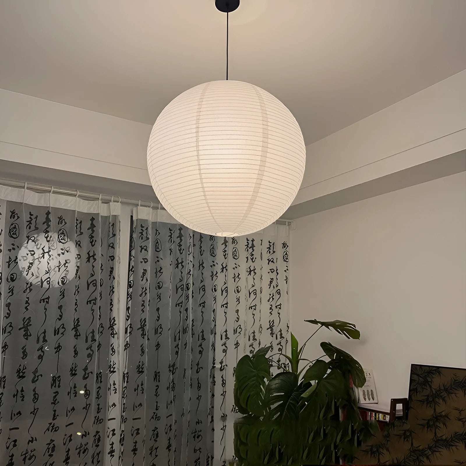 Beige tissue paper chandelier with black line and iron frame, 60cm diameter, full spectrum warm light