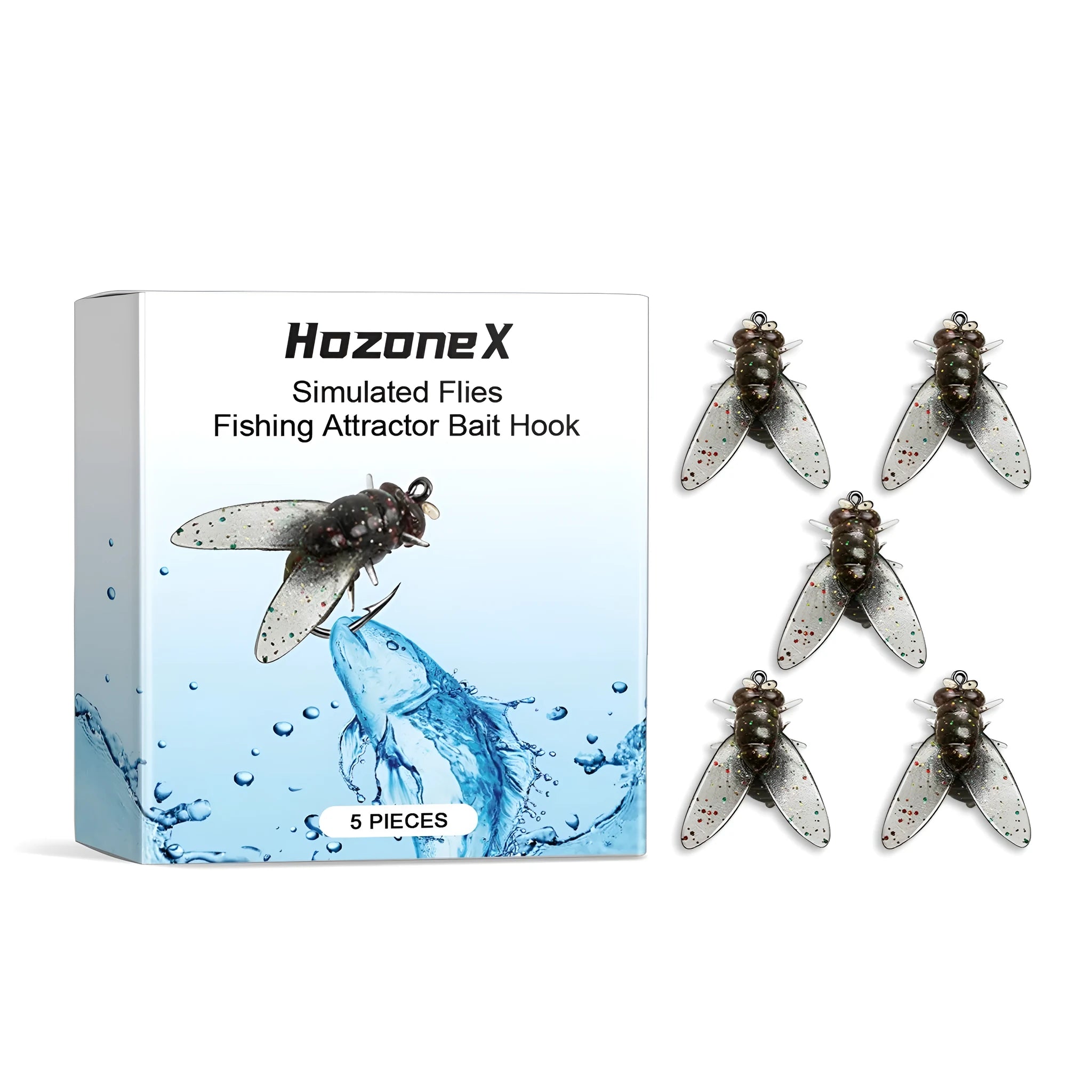 Five small, square, soft TPR silicone fishing lures in a biomimetic insect style.