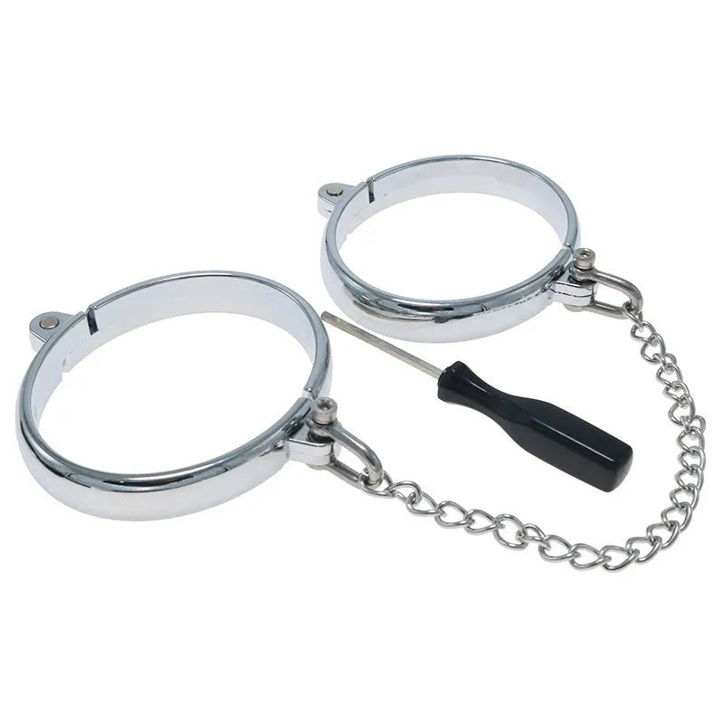 Silver zinc alloy handcuff and footcuff set with stainless steel watch bracelet fastening
