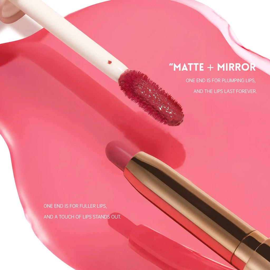 Double-headed matte lipstick showing ten colour options from 01 to 10 shades