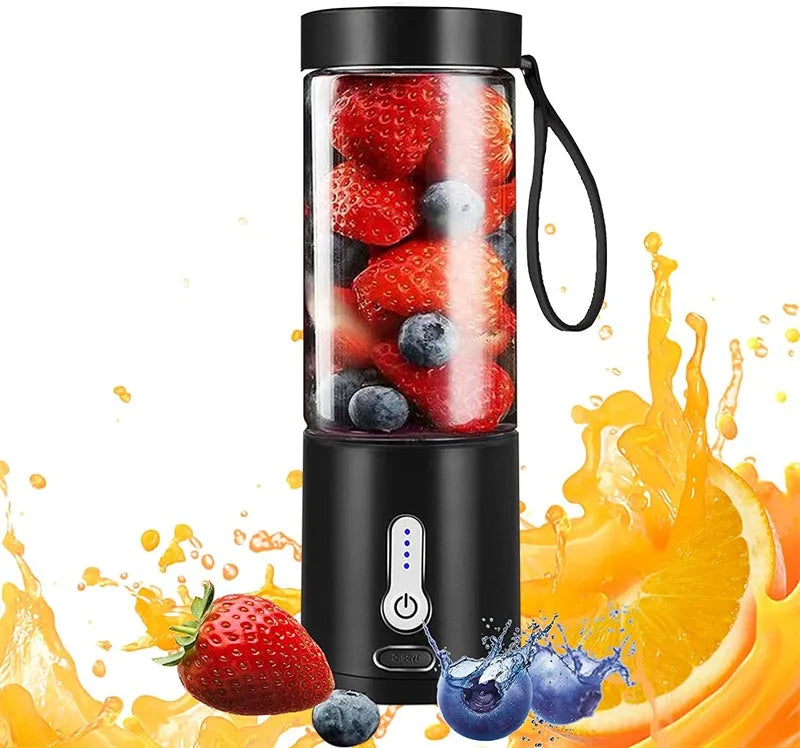 Portable rechargeable blender with 530ml cup in various colours including black, white, blue, and rose red