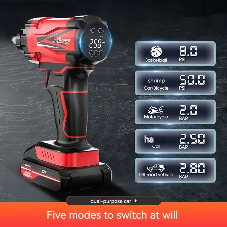 Red and black portable car tyre inflator with digital display and multiple nozzle attachments on a black background