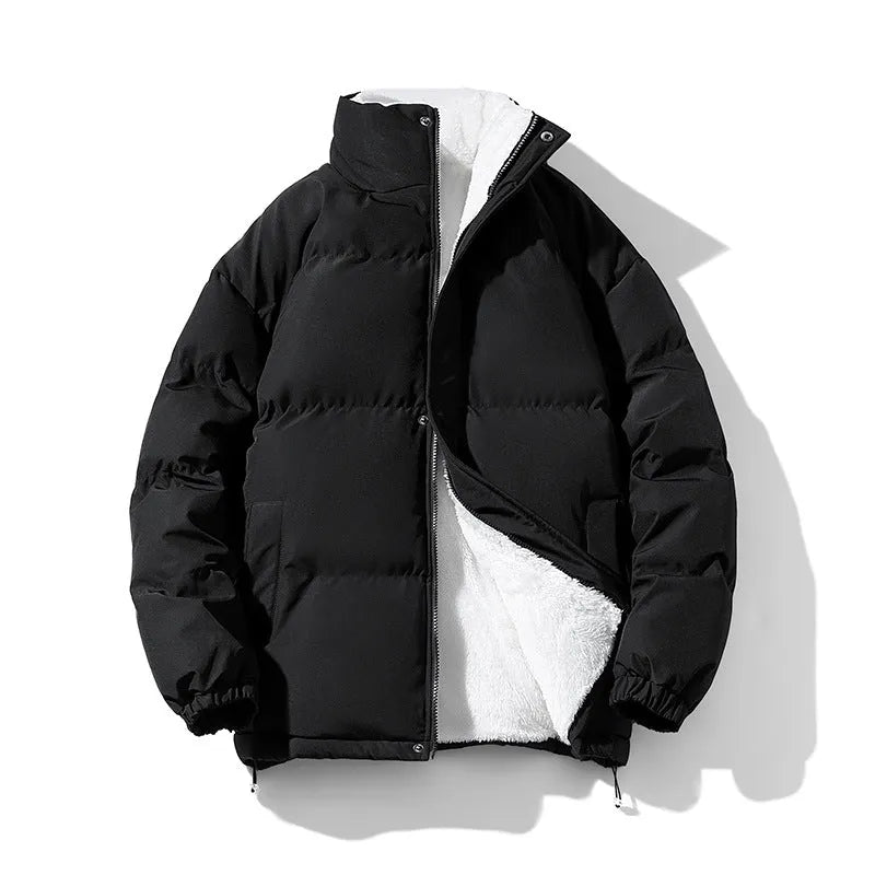 Unisex warm loose stand-collar coat in black, white, gray, blue, or pink, sizes S to 3XL