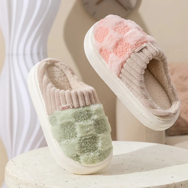 Women's plaid plush slippers with non-slip PVC soles in coffee, green, grey, pink or white colours