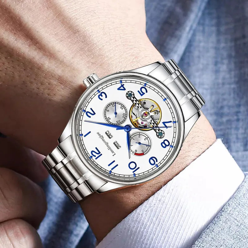 Men's stainless steel mechanical watch with leather strap and sapphire crystal glass.