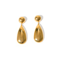 Gold coloured stainless steel earrings with a geometric shape and water drop pendant.
