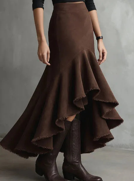 Brown Western-style maxi skirt with high-low hem and ruffle detailing