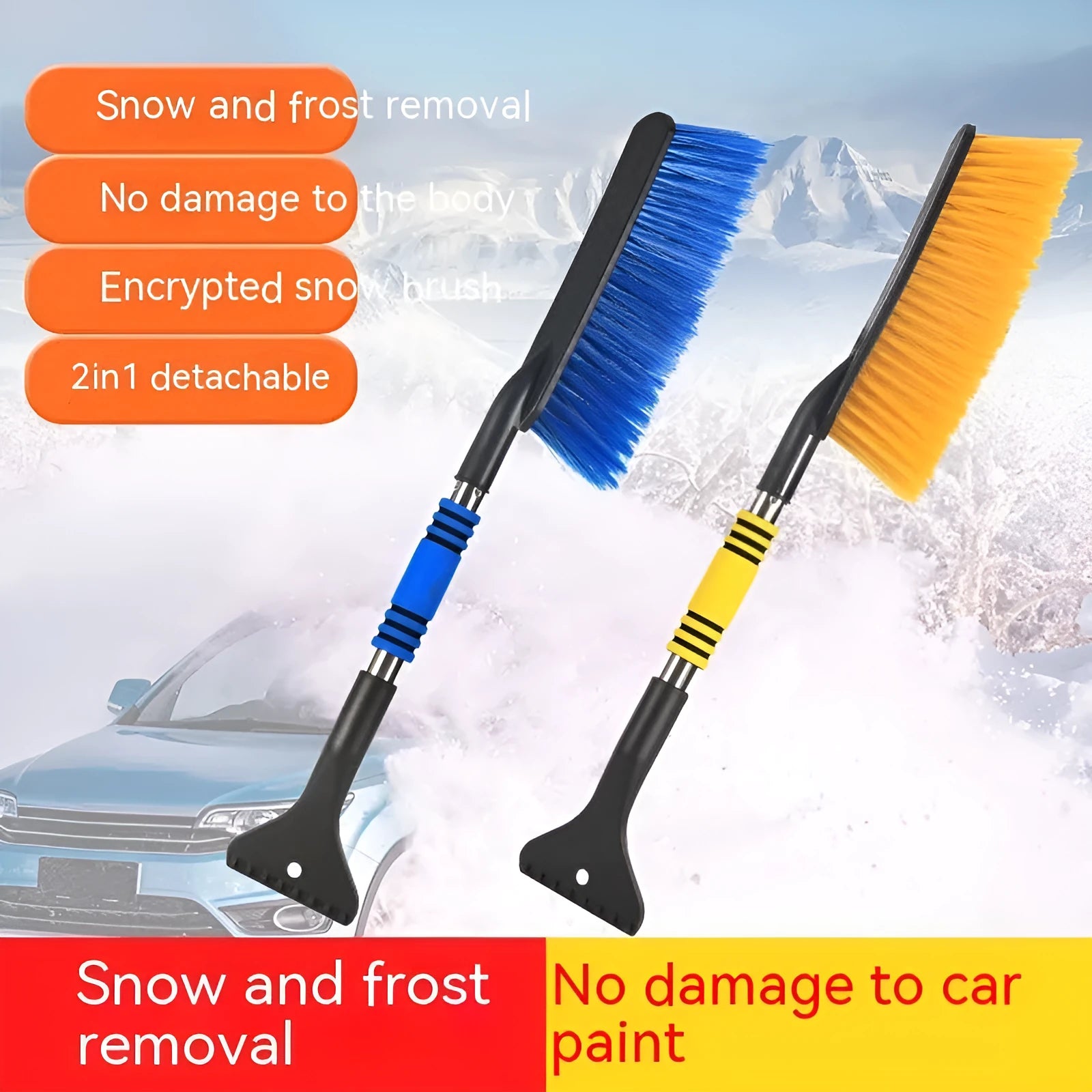 Blue telescopic car snow brush and ice scraper with a wide snow plough blade for winter car cleaning