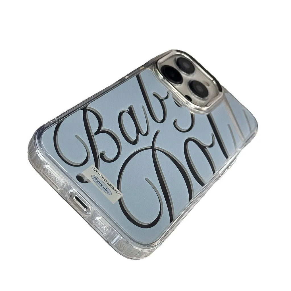 Mirror surface iPhone protective case with JMKJ letters on transparent blue TPU background
