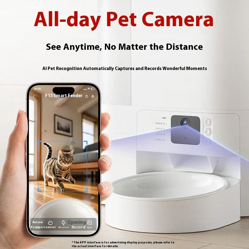 All-in-one AI pet feeder and water fountain with ceramic double bowl and visual food basin for adult cats