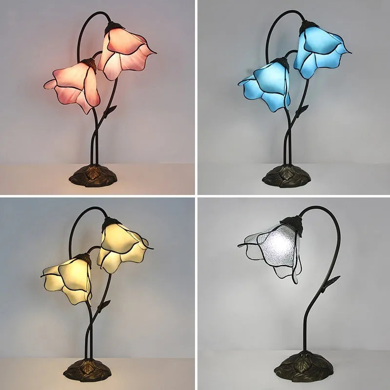 American classical desk lamp with lotus design in glass construction, available in single and double-head configurations