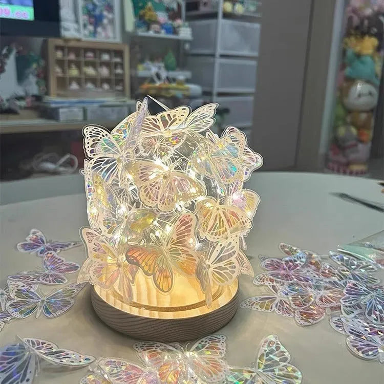 Handmade butterfly night lamp with glass shade on raw wood base, 12x15cm