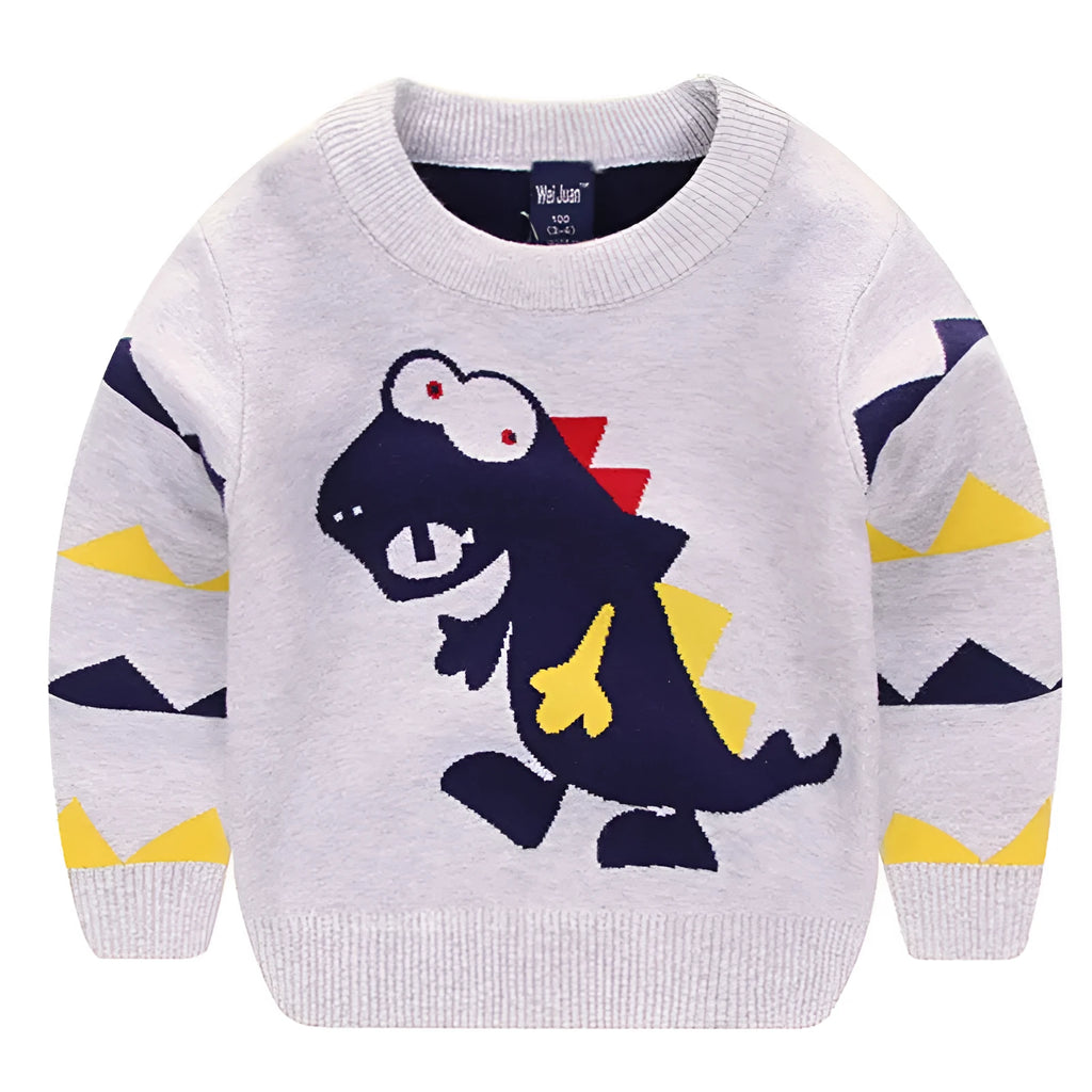 Red boys 100% cotton pullover sweater with wild dinosaur cartoon print, enzyme wash, size 110cm
