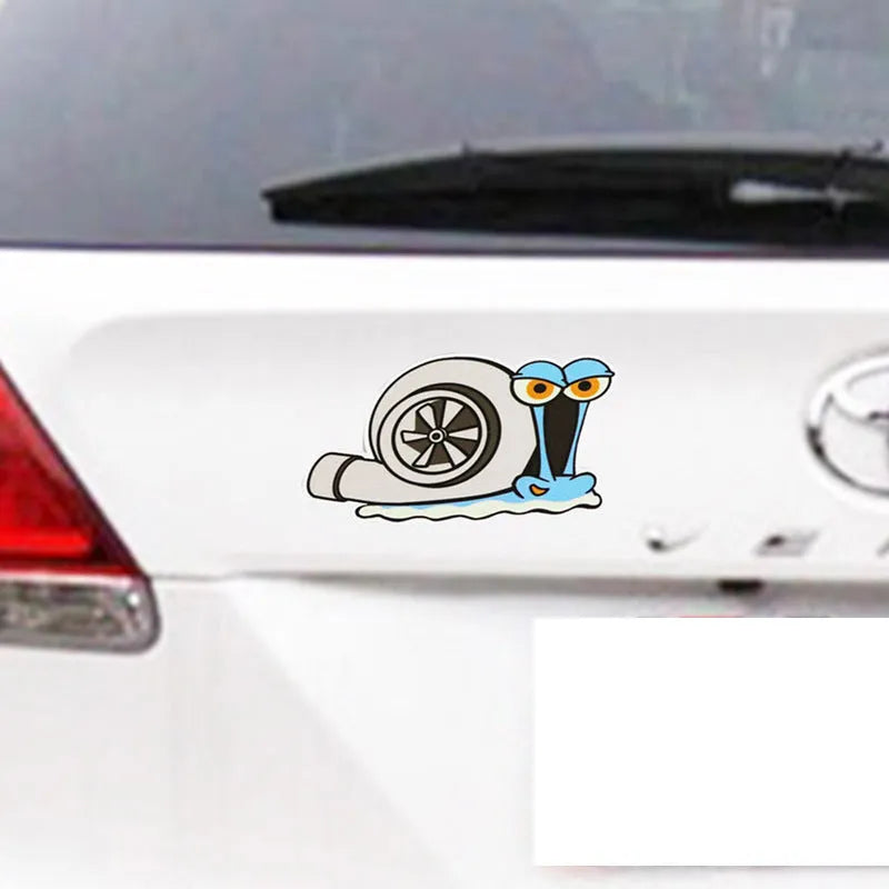 Reflective snail cartoon car bumper sticker with colourful design on white background
