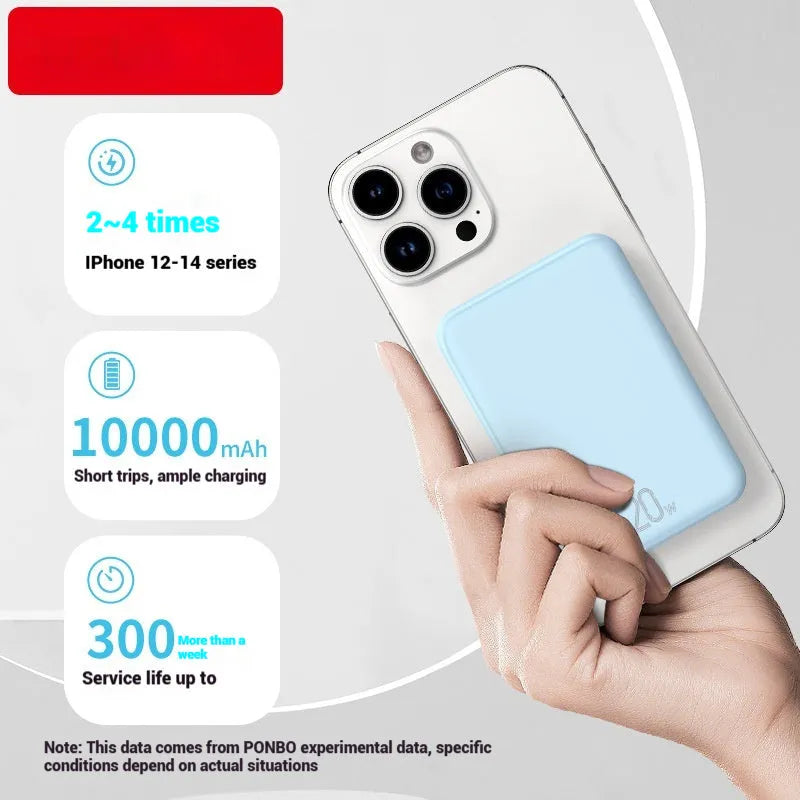 10000mAh magnetic wireless power bank in white, blue, or purple with Type-C port and compact design