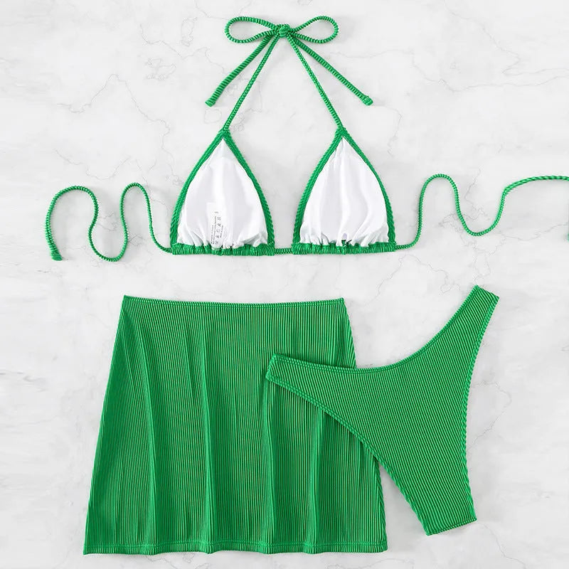 Three-piece rib fabric bikini swimsuit in sleeveless briefs style with Asian sizing options
