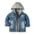 Grey children's hooded denim-style jacket with lapel collar on a hanger