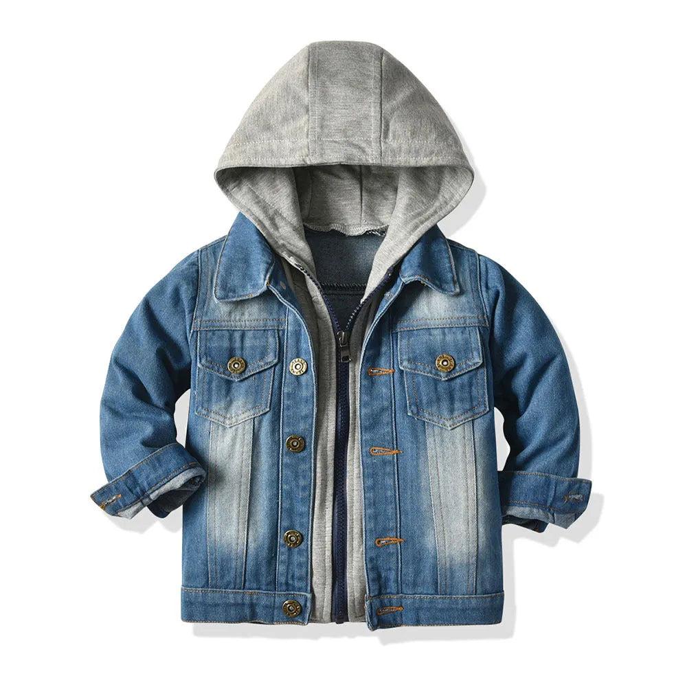 Grey children's hooded denim-style jacket with lapel collar on a hanger
