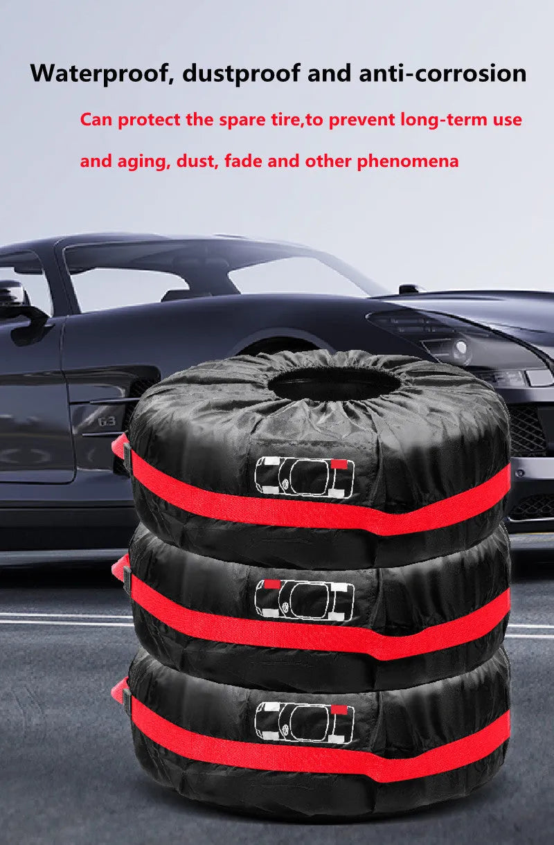 Set of four black Oxford cloth tyre protective covers with red belt closures laid flat.