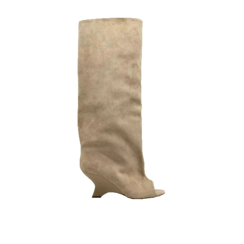 Women's suede peep toe wedge sandal boots with 6-8cm high heel and tassel detail