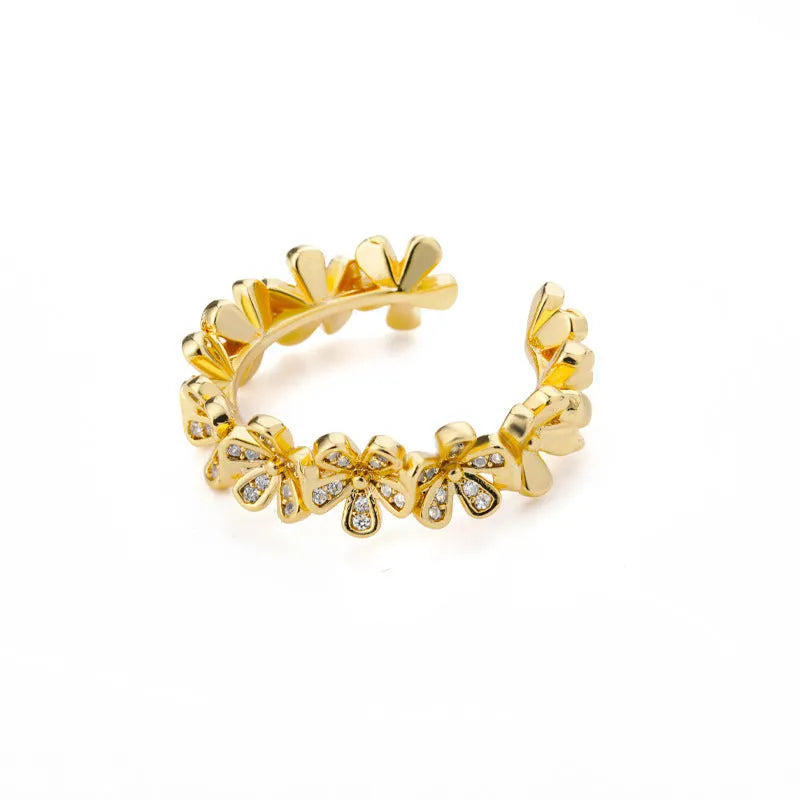 Women's open mouth adjustable ring with micro-inlaid zirconia floral petals in platinum copper finish