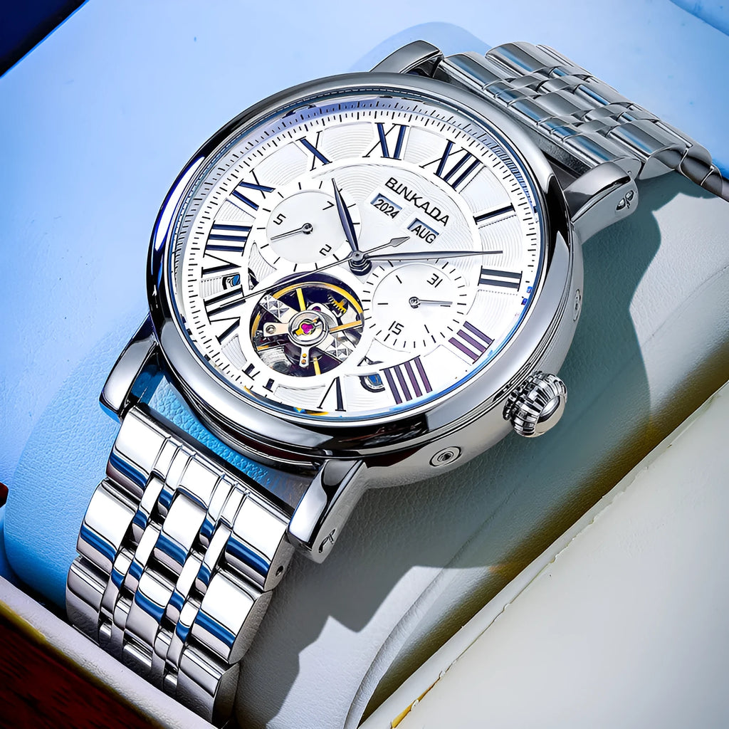 Men's automatic mechanical waterproof watch with steel bracelet in business chronograph style