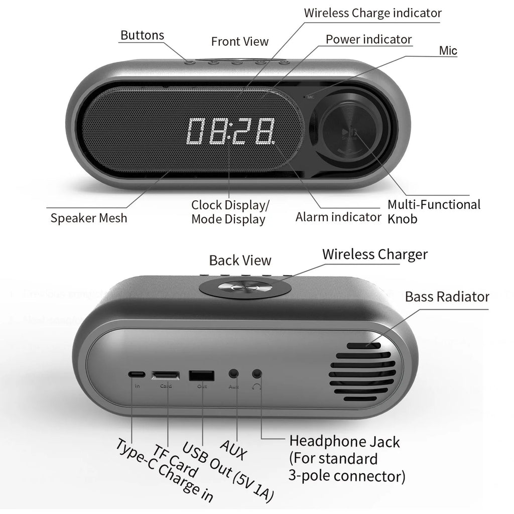 Space Grey wireless charging Bluetooth alarm clock speaker with LED display on a bedside table.