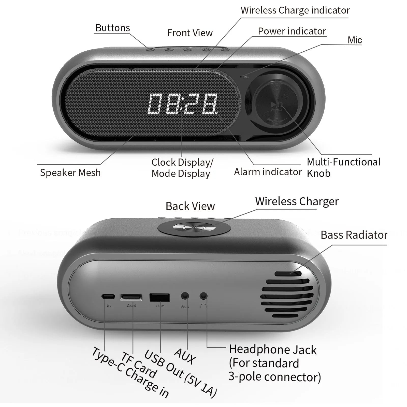 Space Grey wireless charging Bluetooth alarm clock speaker with LED display on a bedside table.