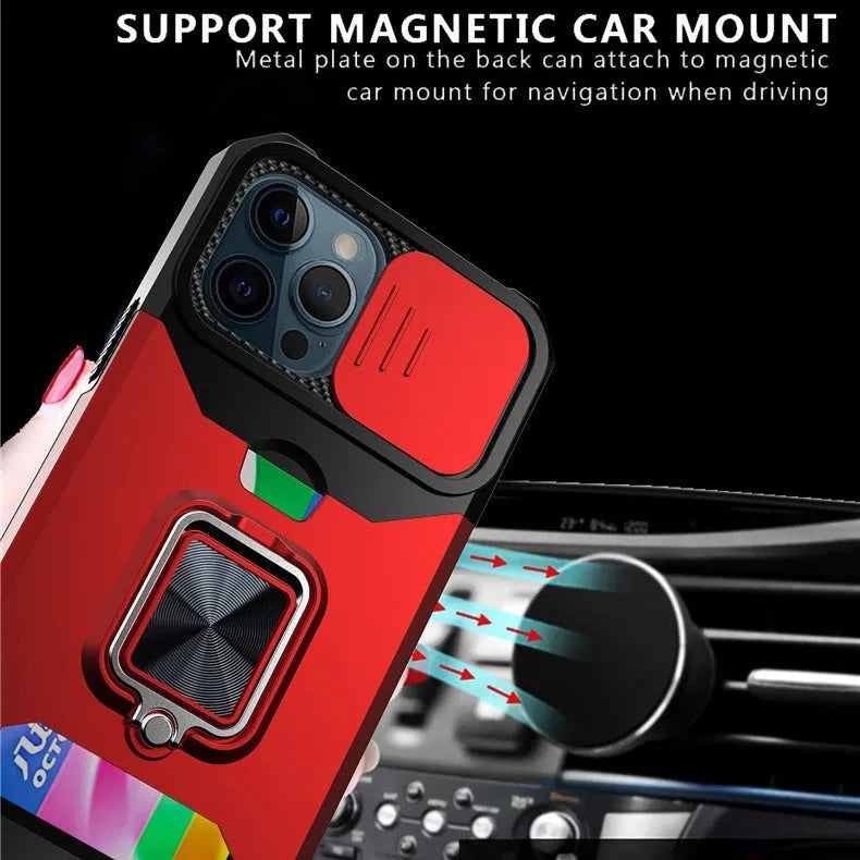 Drop-resistant protective phone case with sliding window and ring for iPhone models in black